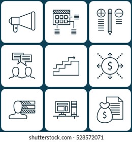 Set Of 9 Project Management Icons. Can Be Used For Web, Mobile, UI And Infographic Design. Includes Elements Such As Schedule, Computer, Money And More.