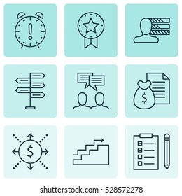 Set Of 9 Project Management Icons. Can Be Used For Web, Mobile, UI And Infographic Design. Includes Elements Such As Reminder, Personal Skills, Time Management And More.