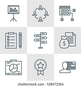 Set Of 9 Project Management Icons. Can Be Used For Web, Mobile, UI And Infographic Design. Includes Elements Such As Schedule, Board, Personal Skills And More.