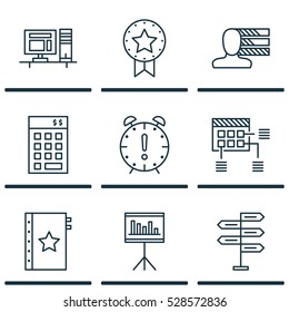 Set Of 9 Project Management Icons. Can Be Used For Web, Mobile, UI And Infographic Design. Includes Elements Such As Schedule, Presentation, Personal Skills And More.