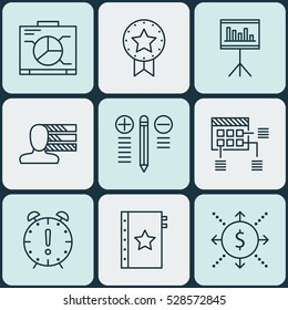 Set Of 9 Project Management Icons. Can Be Used For Web, Mobile, UI And Infographic Design. Includes Elements Such As Board, Decision Making, Presentation And More.