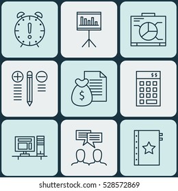 Set Of 9 Project Management Icons. Can Be Used For Web, Mobile, UI And Infographic Design. Includes Elements Such As Presentation, Investment, Discussion And More.