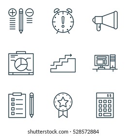 Set Of 9 Project Management Icons. Can Be Used For Web, Mobile, UI And Infographic Design. Includes Elements Such As Growth, Reminder, Present Badge And More.