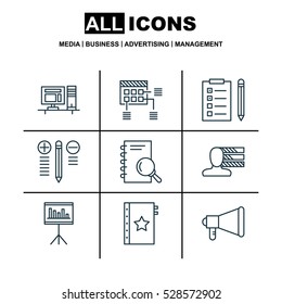 Set Of 9 Project Management Icons. Can Be Used For Web, Mobile, UI And Infographic Design. Includes Elements Such As Schedule, Decision Making, Presentation And More.