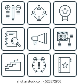 Set Of 9 Project Management Icons. Can Be Used For Web, Mobile, UI And Infographic Design. Includes Elements Such As Time Management, Present Badge, Announcement And More.