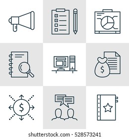 Set Of 9 Project Management Icons. Can Be Used For Web, Mobile, UI And Infographic Design. Includes Elements Such As Analysis, Money, Discussion And More.