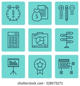Set Of 9 Project Management Icons. Can Be Used For Web, Mobile, UI And Infographic Design. Includes Elements Such As Board, Present Badge, Decision Making And More.