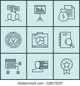 Set Of 9 Project Management Icons. Can Be Used For Web, Mobile, UI And Infographic Design. Includes Elements Such As Schedule, Analysis, Board And More.