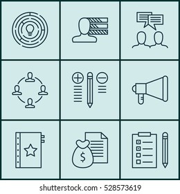 Set Of 9 Project Management Icons. Can Be Used For Web, Mobile, UI And Infographic Design. Includes Elements Such As Discussion, Personal Skills, Decision Making And More.