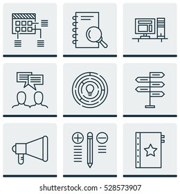 Set Of 9 Project Management Icons. Can Be Used For Web, Mobile, UI And Infographic Design. Includes Elements Such As Computer, Decision Making, Announcement And More.