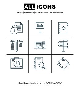 Set Of 9 Project Management Icons. Can Be Used For Web, Mobile, UI And Infographic Design. Includes Elements Such As Presentation, Opportunity, Analysis And More.