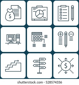 Set Of 9 Project Management Icons. Can Be Used For Web, Mobile, UI And Infographic Design. Includes Elements Such As Reminder, Schedule, Report And More.