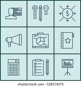 Set Of 9 Project Management Icons. Can Be Used For Web, Mobile, UI And Infographic Design. Includes Elements Such As Announcement, Presentation, Decision Making And More.