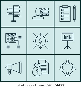 Set Of 9 Project Management Icons. Can Be Used For Web, Mobile, UI And Infographic Design. Includes Elements Such As Schedule, Presentation, Report And More.