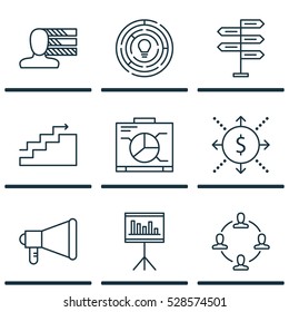 Set Of 9 Project Management Icons. Can Be Used For Web, Mobile, UI And Infographic Design. Includes Elements Such As Innovation, Board, Opportunity And More.