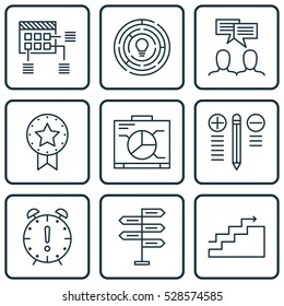 Set Of 9 Project Management Icons. Can Be Used For Web, Mobile, UI And Infographic Design. Includes Elements Such As Time Management, Discussion, Schedule And More.