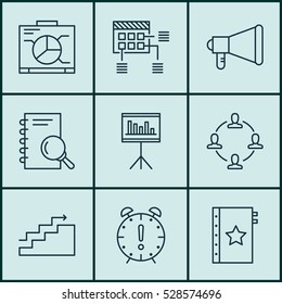 Set Of 9 Project Management Icons. Can Be Used For Web, Mobile, UI And Infographic Design. Includes Elements Such As Collaboration, Announcement, Schedule And More.