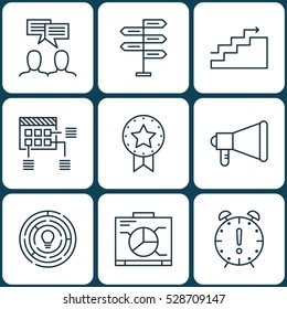 Set Of 9 Project Management Icons. Can Be Used For Web, Mobile, UI And Infographic Design. Includes Elements Such As Growth, Discussion, Innovation And More.