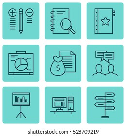 Set Of 9 Project Management Icons. Can Be Used For Web, Mobile, UI And Infographic Design. Includes Elements Such As Presentation, Warranty, Discussion And More.