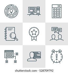Set Of 9 Project Management Icons. Can Be Used For Web, Mobile, UI And Infographic Design. Includes Elements Such As Schedule, Personal Skills, Discussion And More.