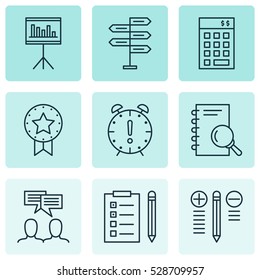 Set Of 9 Project Management Icons. Can Be Used For Web, Mobile, UI And Infographic Design. Includes Elements Such As Presentation, Discussion, Present Badge And More.