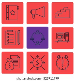 Set Of 9 Project Management Icons. Can Be Used For Web, Mobile, UI And Infographic Design. Includes Elements Such As Money, Collaboration, Announcement And More.