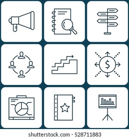 Set Of 9 Project Management Icons. Can Be Used For Web, Mobile, UI And Infographic Design. Includes Elements Such As Warranty, Opportunity, Collaboration And More.