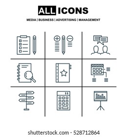 Set Of 9 Project Management Icons. Can Be Used For Web, Mobile, UI And Infographic Design. Includes Elements Such As Discussion, Presentation, Analysis And More.