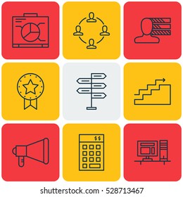 Set Of 9 Project Management Icons. Can Be Used For Web, Mobile, UI And Infographic Design. Includes Elements Such As Personal Skills, Growth, Board And More.