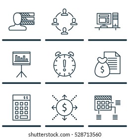 Set Of 9 Project Management Icons. Can Be Used For Web, Mobile, UI And Infographic Design. Includes Elements Such As Presentation, Schedule, Personal Skills And More.