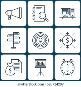 Set Of 9 Project Management Icons. Can Be Used For Web, Mobile, UI And Infographic Design. Includes Elements Such As Time Management, Innovation, Computer And More.