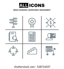 Set Of 9 Project Management Icons. Can Be Used For Web, Mobile, UI And Infographic Design. Includes Elements Such As Schedule, Present Badge, Analysis And More.