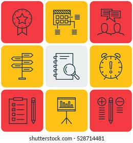 Set Of 9 Project Management Icons. Can Be Used For Web, Mobile, UI And Infographic Design. Includes Elements Such As Analysis, Opportunity, Time Management And More.