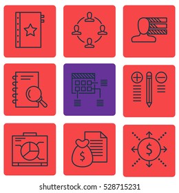 Set Of 9 Project Management Icons. Can Be Used For Web, Mobile, UI And Infographic Design. Includes Elements Such As Report, Board, Collaboration And More.