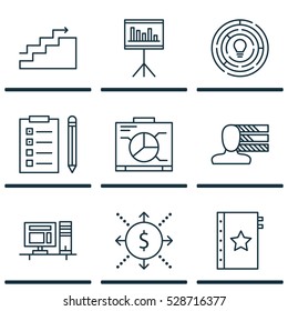 Set Of 9 Project Management Icons. Can Be Used For Web, Mobile, UI And Infographic Design. Includes Elements Such As Warranty, Personal Skills, Computer And More.