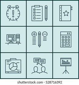 Set Of 9 Project Management Icons. Can Be Used For Web, Mobile, UI And Infographic Design. Includes Elements Such As Decision Making, Discussion, Reminder And More.