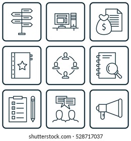 Set Of 9 Project Management Icons. Can Be Used For Web, Mobile, UI And Infographic Design. Includes Elements Such As Warranty, Announcement, Analysis And More.