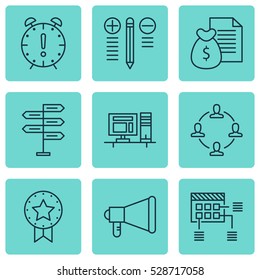 Set Of 9 Project Management Icons. Can Be Used For Web, Mobile, UI And Infographic Design. Includes Elements Such As Computer, Time Management, Collaboration And More.