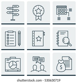 Set Of 9 Project Management Icons. Can Be Used For Web, Mobile, UI And Infographic Design. Includes Elements Such As Analysis, Board, Warranty And More.