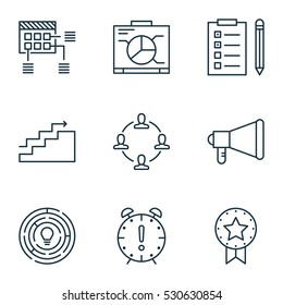 Set Of 9 Project Management Icons. Can Be Used For Web, Mobile, UI And Infographic Design. Includes Elements Such As Innovation, Announcement, Growth And More.