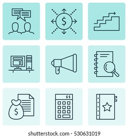 Set Of 9 Project Management Icons. Can Be Used For Web, Mobile, UI And Infographic Design. Includes Elements Such As Announcement, Growth, Report And More.