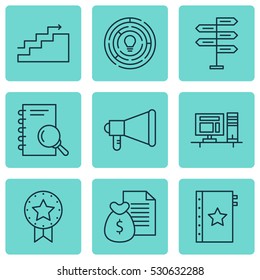 Set Of 9 Project Management Icons. Can Be Used For Web, Mobile, UI And Infographic Design. Includes Elements Such As Report, Warranty, Computer And More.