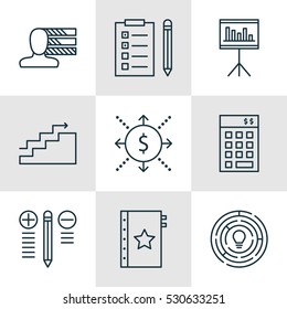 Set Of 9 Project Management Icons. Can Be Used For Web, Mobile, UI And Infographic Design. Includes Elements Such As Money, Innovation, Personal Skills And More.