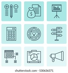Set Of 9 Project Management Icons. Can Be Used For Web, Mobile, UI And Infographic Design. Includes Elements Such As Announcement, Opportunity, Report And More.