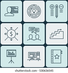 Set Of 9 Project Management Icons. Can Be Used For Web, Mobile, UI And Infographic Design. Includes Elements Such As Computer, Growth, Presentation And More.