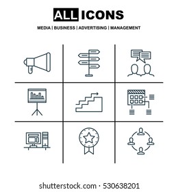 Set Of 9 Project Management Icons. Can Be Used For Web, Mobile, UI And Infographic Design. Includes Elements Such As Opportunity, Discussion, Collaboration And More.