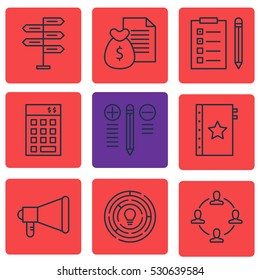 Set Of 9 Project Management Icons. Can Be Used For Web, Mobile, UI And Infographic Design. Includes Elements Such As Investment, Decision Making, Warranty And More.