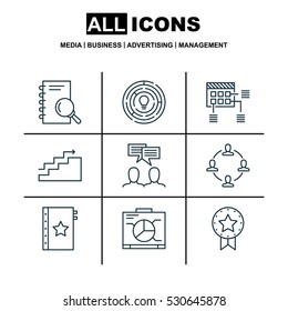Set Of 9 Project Management Icons. Can Be Used For Web, Mobile, UI And Infographic Design. Includes Elements Such As Discussion, Present Badge, Board And More.