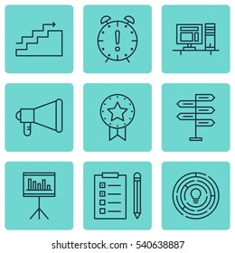 Set Of 9 Project Management Icons. Includes Announcement, Present Badge, Opportunity And Other Symbols. Beautiful Design Elements.