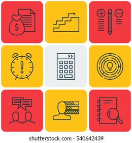Set Of 9 Project Management Icons. Includes Discussion, Report, Decision Making And Other Symbols. Beautiful Design Elements.
